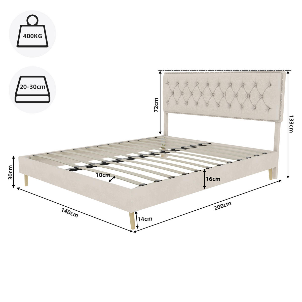 POLSTERBETT 140/200 cm in Beige Samt mit Stauraum - Beige, Holzwerkstoff/Textil (140/200cm) - WISHDOR
