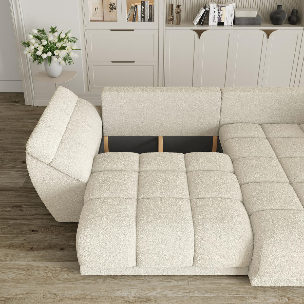 ECKSOFA ORENTI R-S Creme Boucle-Stoff mit Schlaffunktion - Creme, Holz (287/182cm) - MASSENO