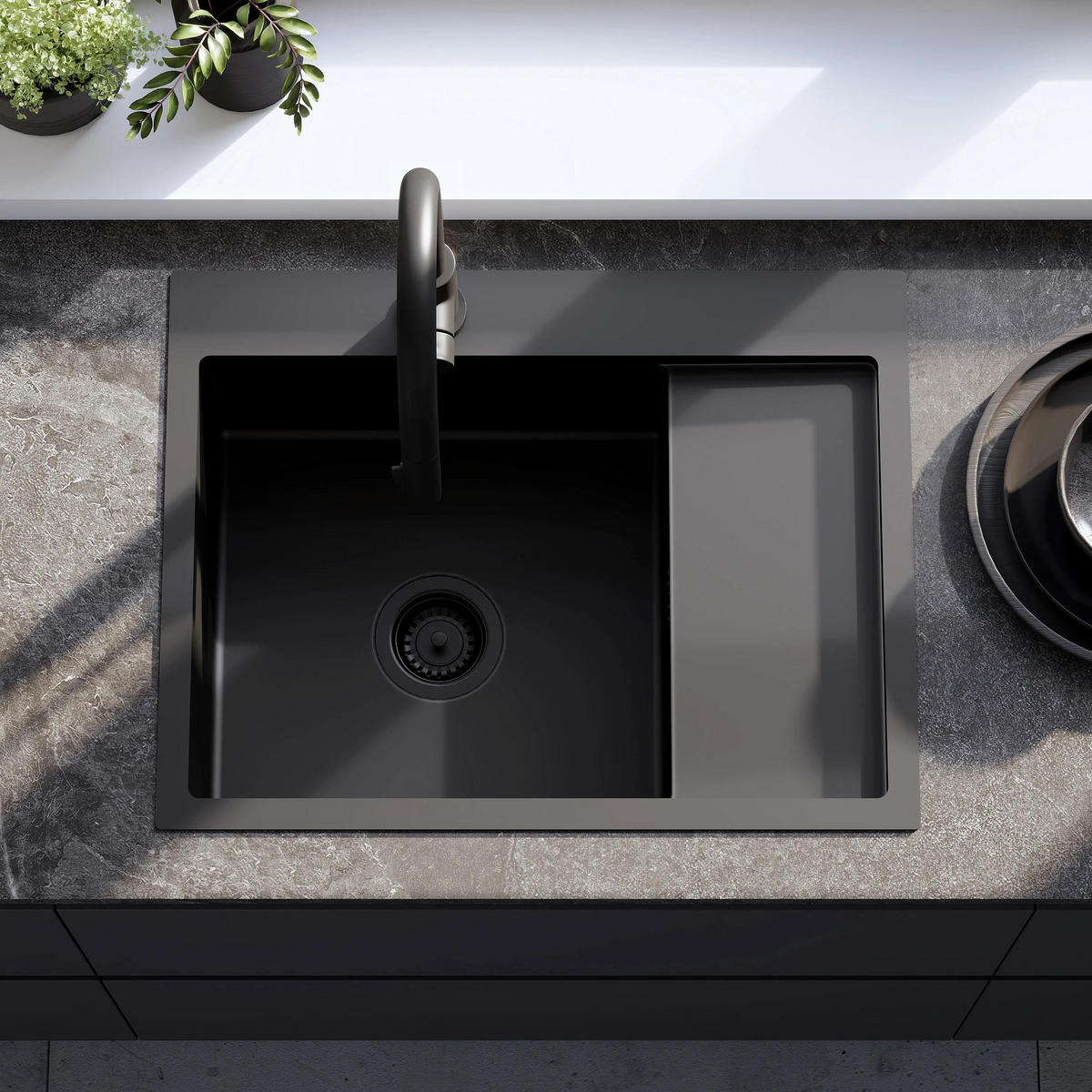 EDELSTAHLSPÜLE Rea Fin Black mit Küchenarmatur - Schwarz, Metall (48/18.5/62cm) - REA