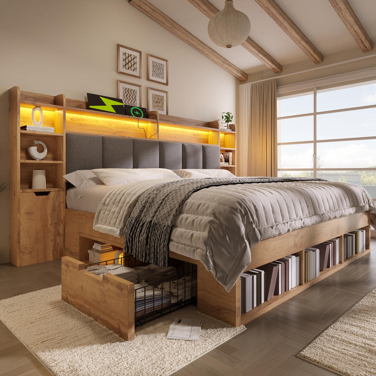 BETT 180/200 cm in Eichefarben mit Schubladen, Regal, LED, USB und Type-C Holzoptik - Eichefarben/Grau, Holzwerkstoff/Textil (180/200cm) - STILVORA