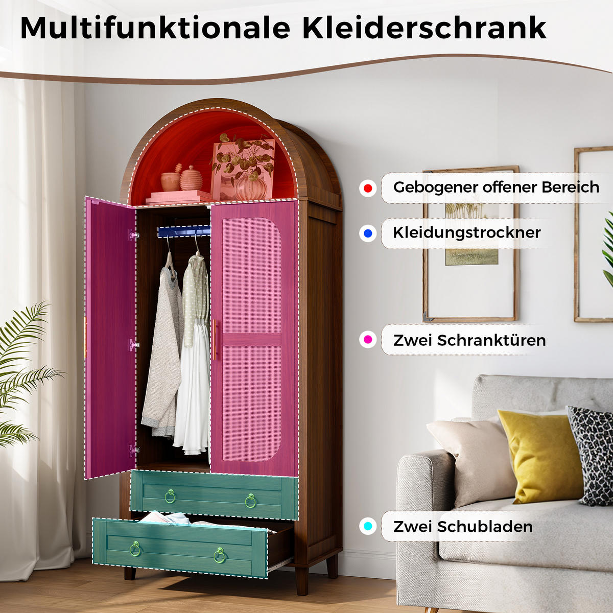 KLEIDERSCHRANK Nussbaum Bogenförmig mit Rattan, 2 Türen, LED & 2 Schubladen - Walnussfarben, Holzwerkstoff (76/184/50cm) - Urban Meuble