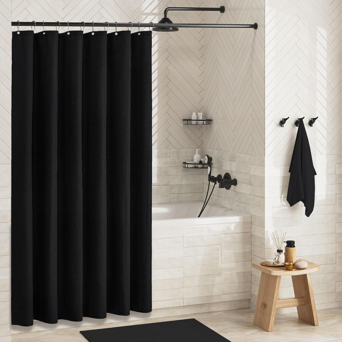 DUSCHVORHANG Schwarz 180 x 200 cm Stoff dick Waffelstruktur Badezimmer - Schwarz, Textil (200/180cm) - MCBOSON