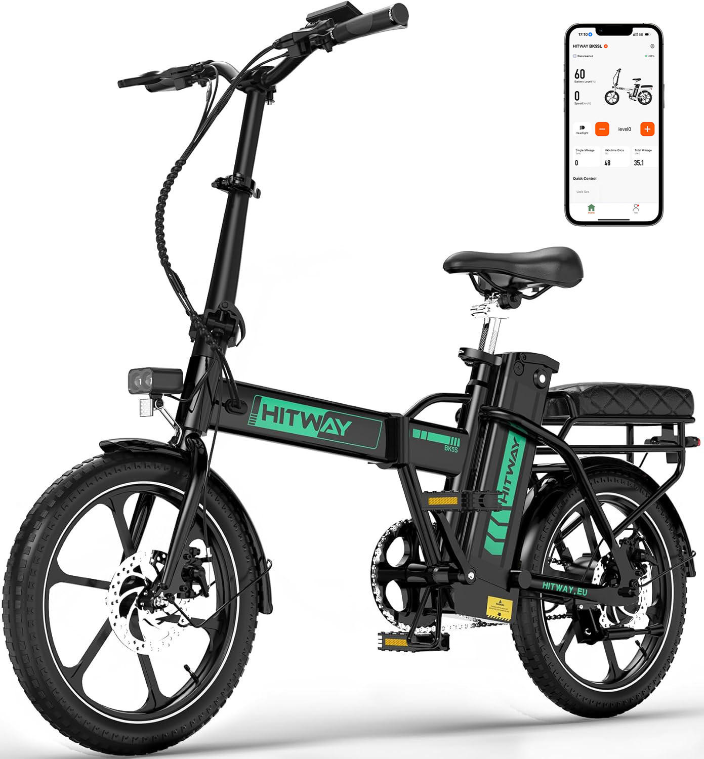 E-BIKE BK5SL Faltbar mit 36V 13Ah Akku und 3 Gang Modus - Schwarz, Metall (64cm) - HITWAY