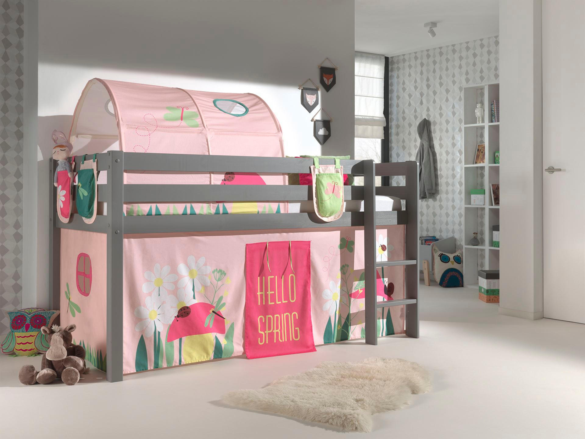 KINDERBETT Karolina 210x114x106 Massivholz Grau Textilset Spring 4 - Hellrosa/Grau, Holz (90/200cm) - 58aufmkessel
