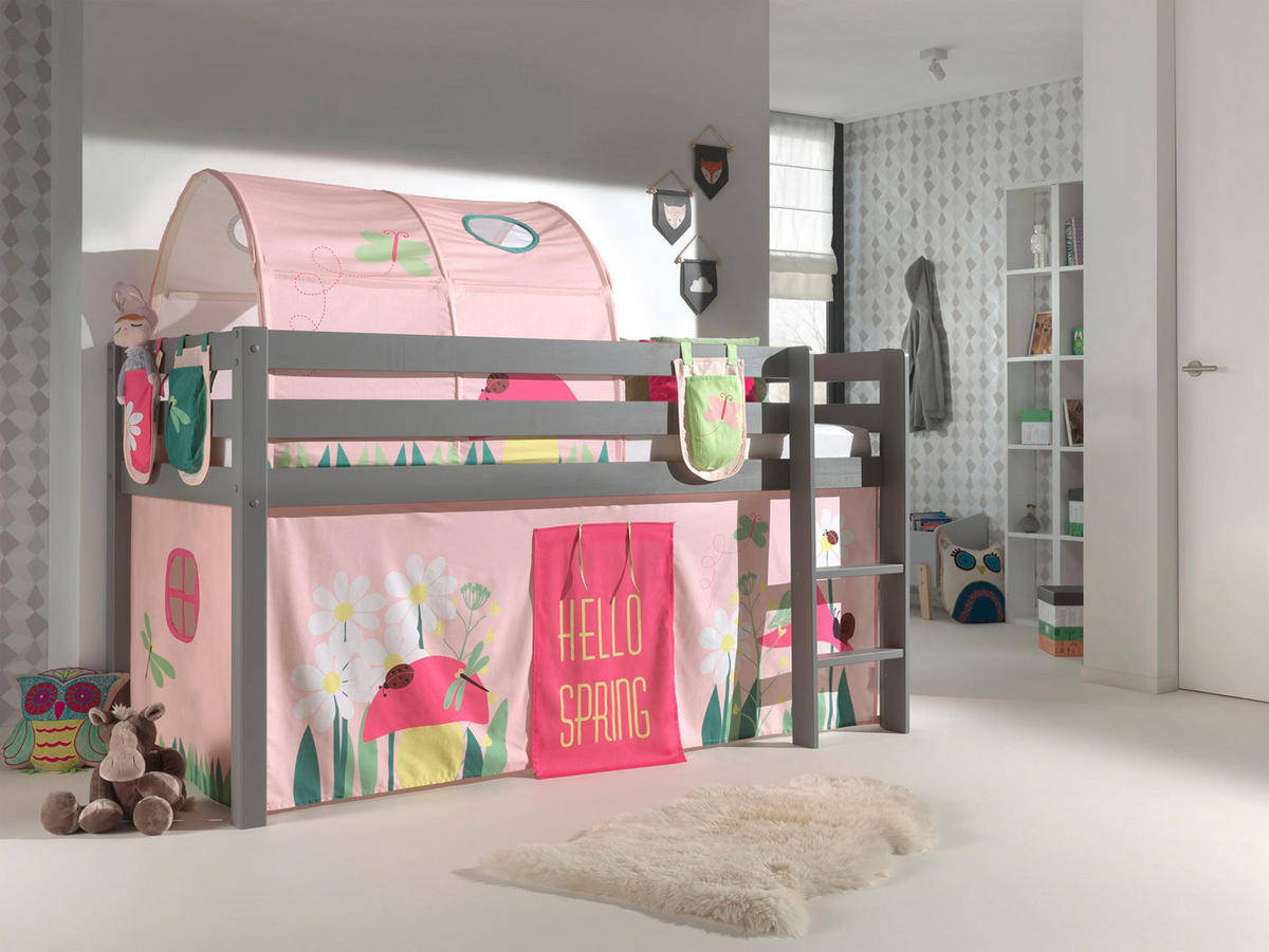 KINDERBETT Karolina 210x114x106 Massivholz Grau Textilset Spring 4 - Hellrosa/Grau, Holz (90/200cm) - 58aufmkessel