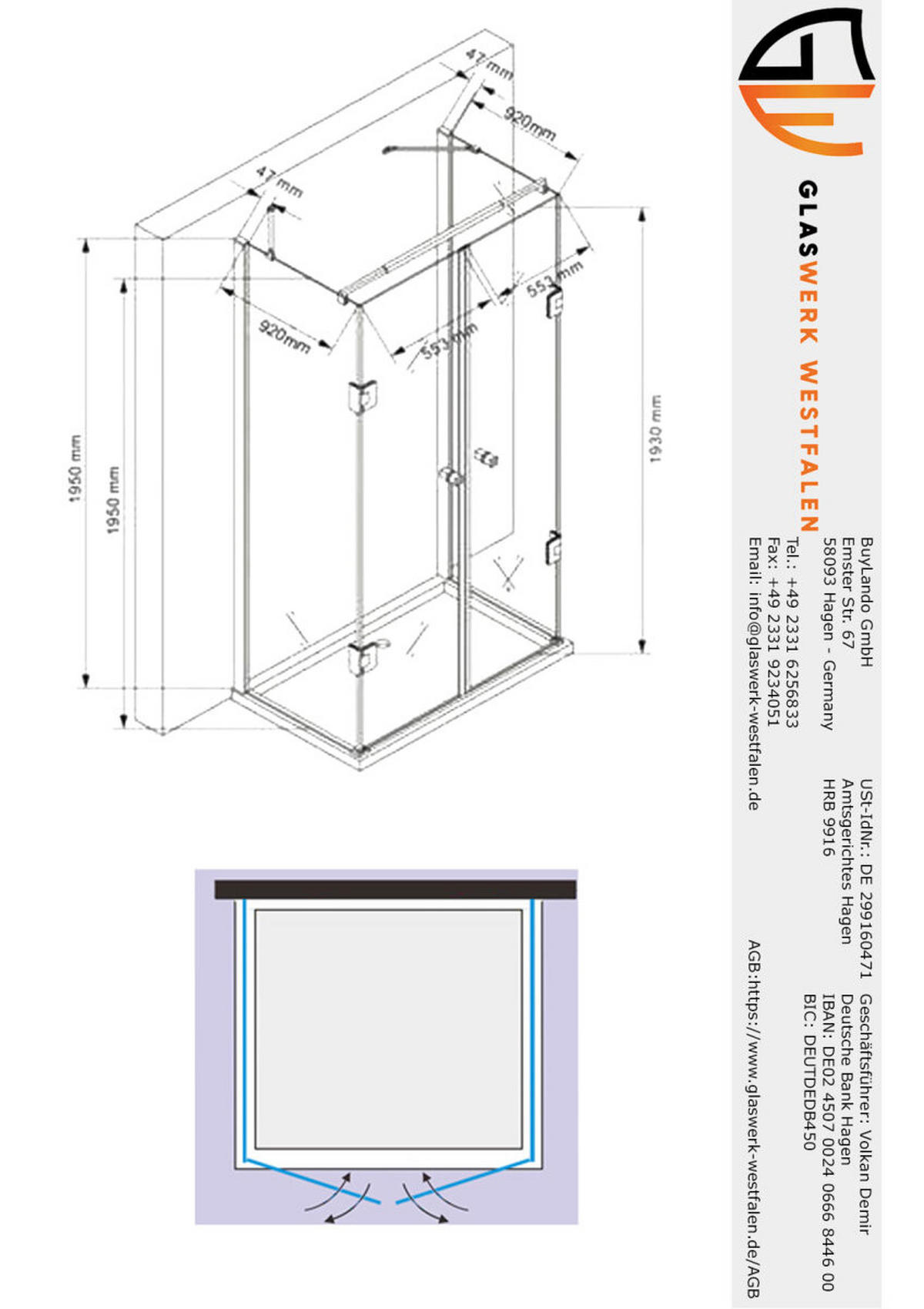 DUSCHKABINE Emma 100x120x100 x195 cm U-Form Schwarz - Schwarz, Glas (100/120/195cm) -  Glaswerk Westfalen
