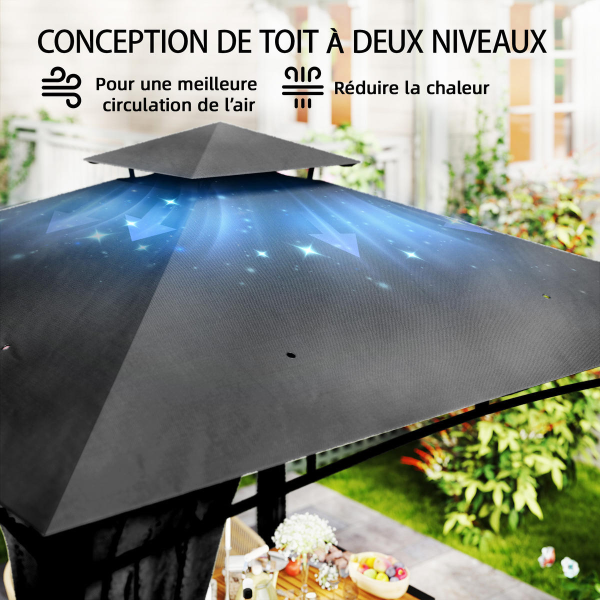 PAVILLON DE-12749 300/300 cm UV50+ wasserdicht mit Doppeldach Anthrazitgrau - Dunkelgrau, Metall (300/285/300cm) - ComfortXL