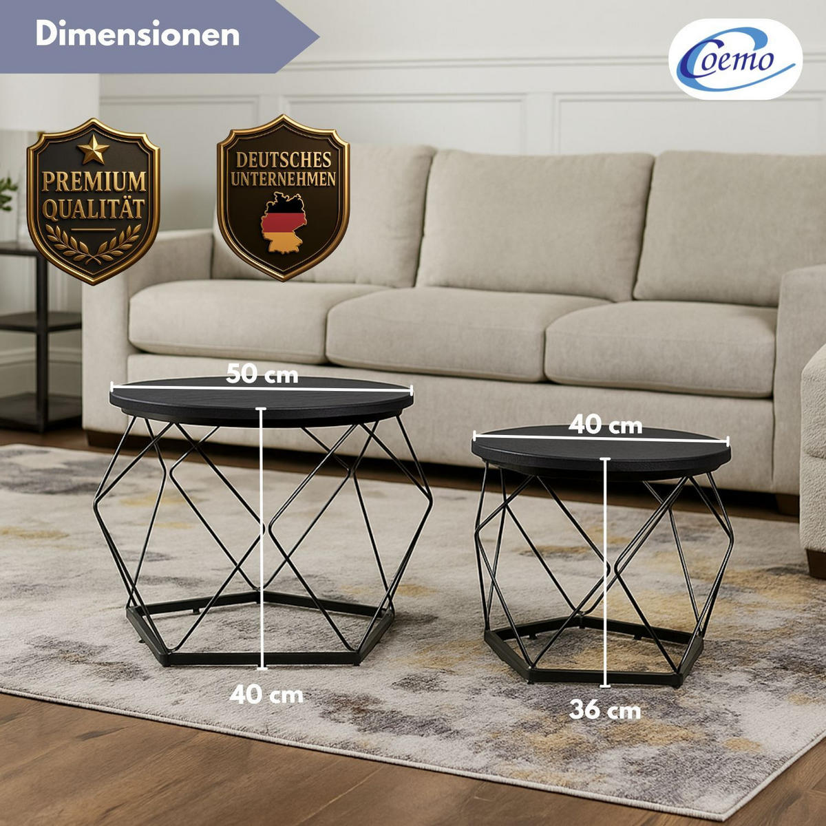 BEISTELLTISCH DUETT Schwarz 2er-Set Metall Ø 50 / 40 cm H: 40 / 36 cm - Schwarz, Metall (50/50/40cm) - Coemo