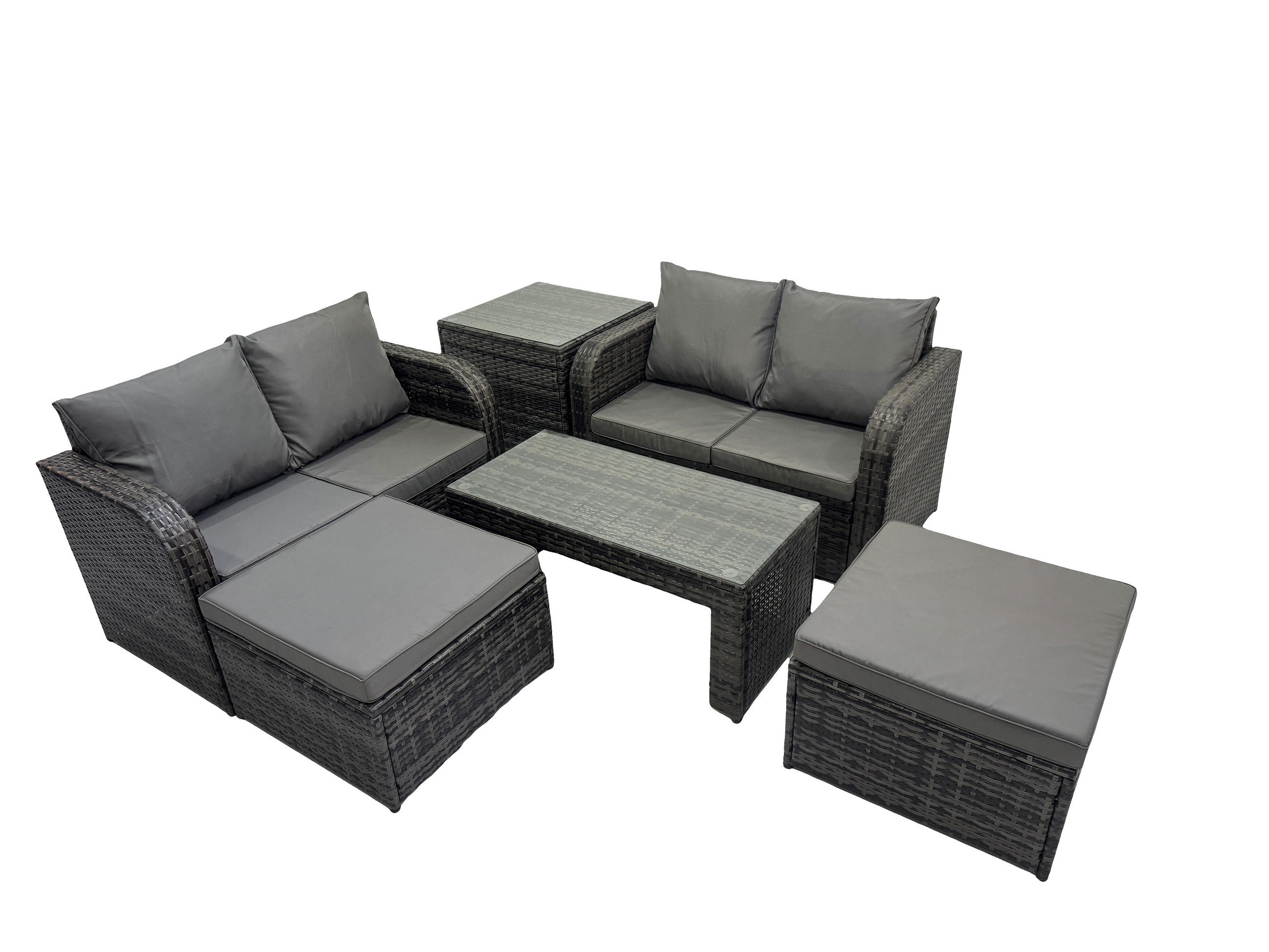 GARTENMÖBEL SET mit Sofa Polyrattan 6-Sitzer Dunkelgrau - Dunkelgrau/Grau, Glas/Kunststoff - Fimous