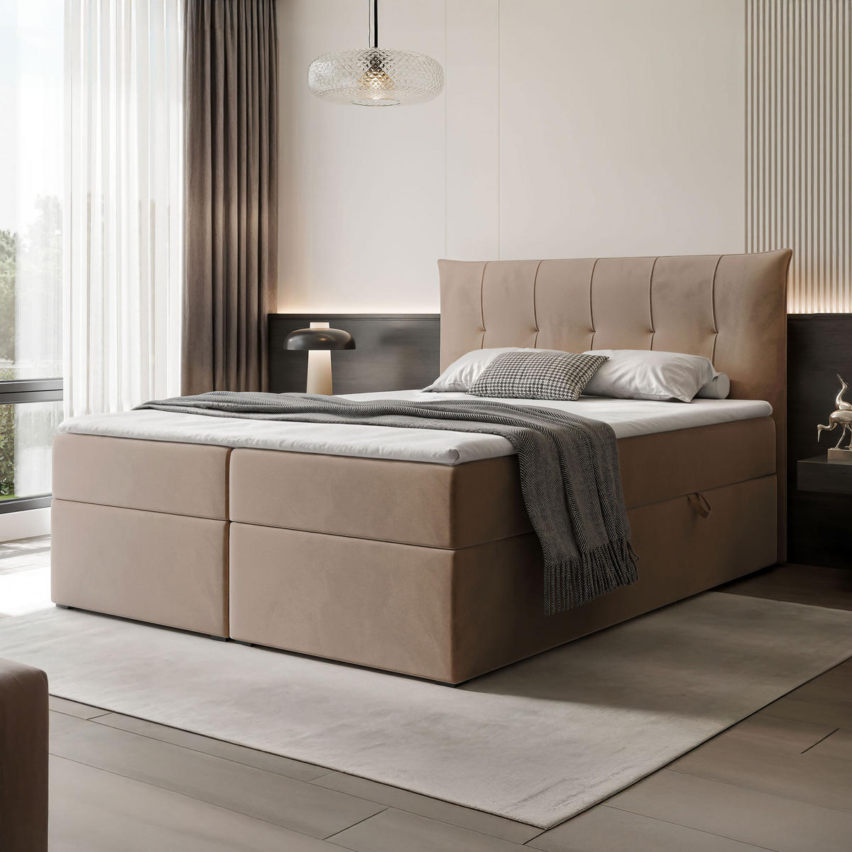 BOXBETT CHESTER 160/200 cm mit Matratze und Topper, Hellbraun - Hellbraun, Holzwerkstoff/Textil (160/200cm) - Idohome