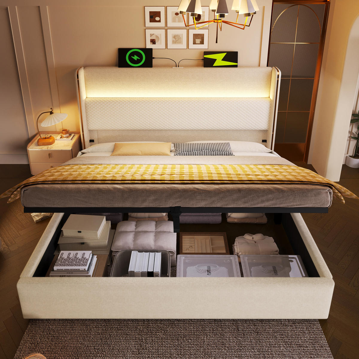 POLSTERBETT 180/200 cm mit hydraulischem Bettkasten, LED-Kopfteil & USB/Type-C, Beige - Beige, Textil (180/200cm) - Redom