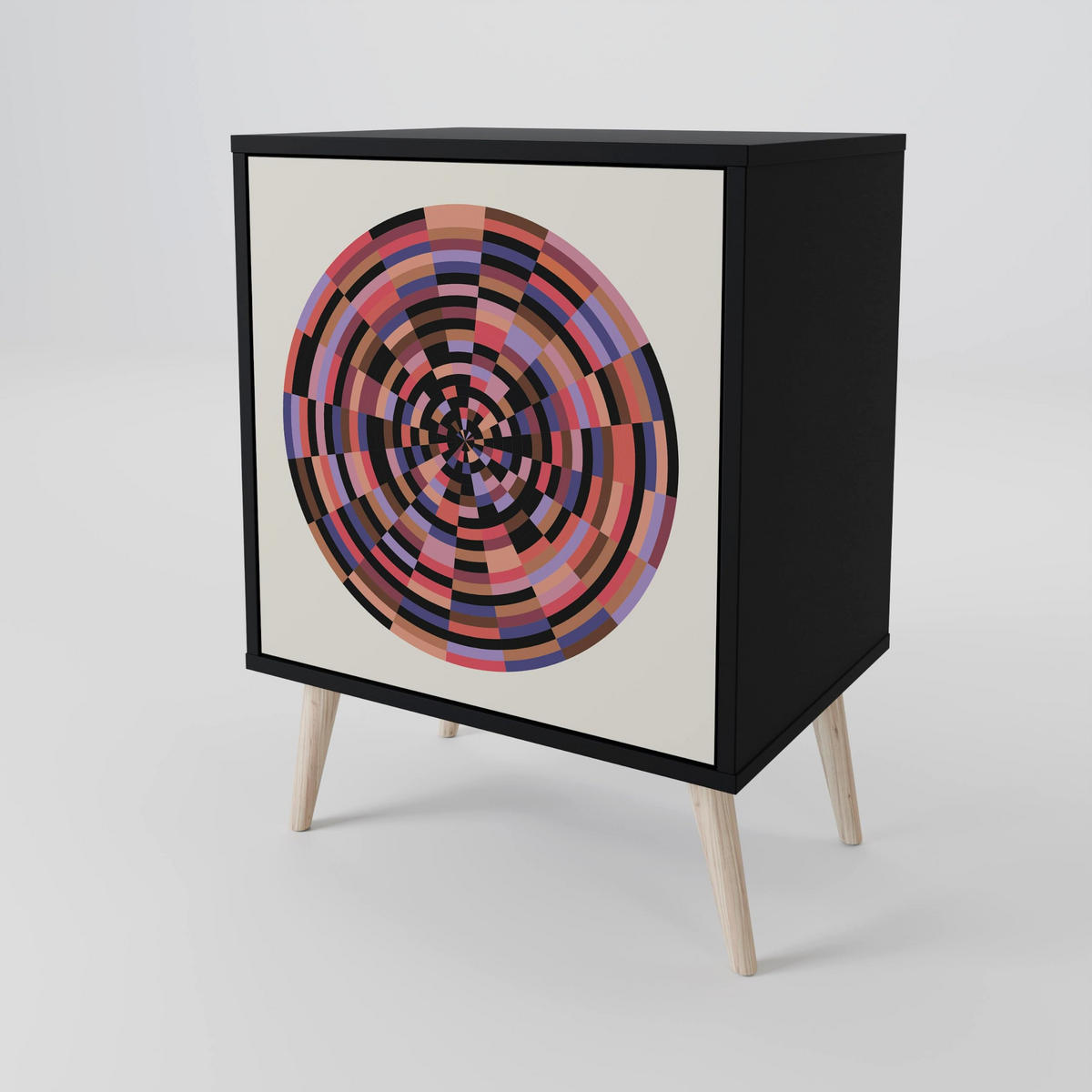 SIDEBOARD BROWN CIRCLES, Schwarz, 57,5x42x72,5 cm, Schwarze Metallfüße - Multicolor/Schwarz, Holzwerkstoff/Metall (57.5/72.5/42cm) - SpaceRebels