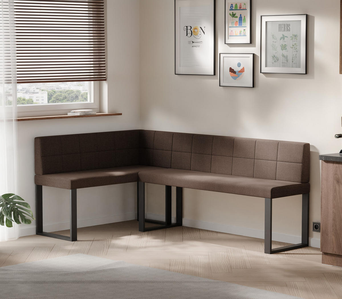 ECKBANK links SANA U Webstoff gesteppt, 142/196 cm Braun - Braun, Textil/Metall (142/196cm) - Idohome