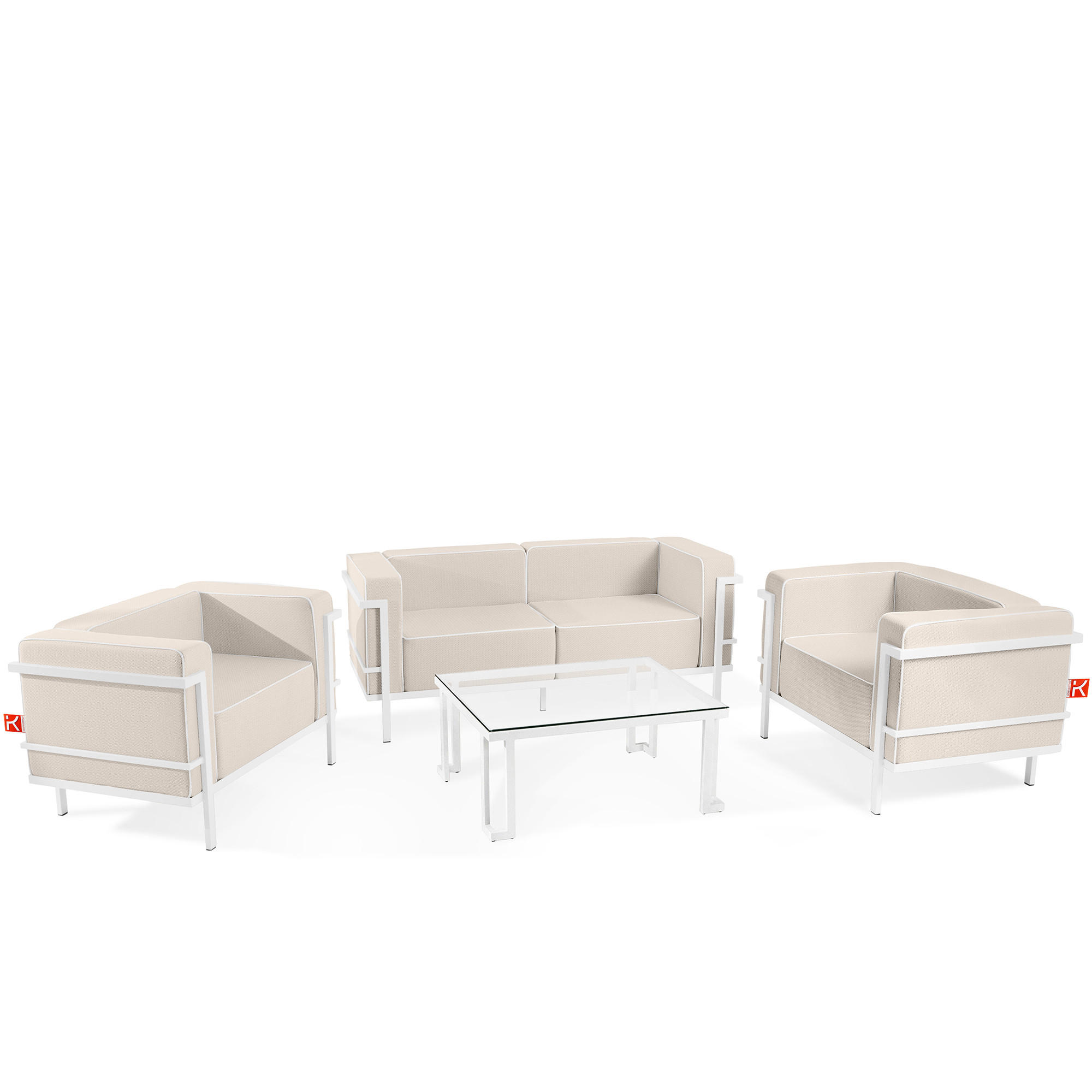 GARTENLOUNGE-SET TRIGLO 4-tlg., 1x Tisch, 2x Sessel, 1x Sofa 2-Sitzer, Modern, Weiß - Beige/Weiß, Glas/Textil - KONSIMO®