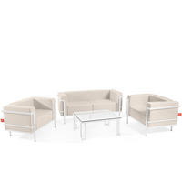 GARTENLOUNGE-SET TRIGLO 4-tlg., 1x Tisch, 2x Sessel, 1x Sofa 2-Sitzer, Modern, Weiß - Beige/Weiß, Glas/Textil - KONSIMO®
