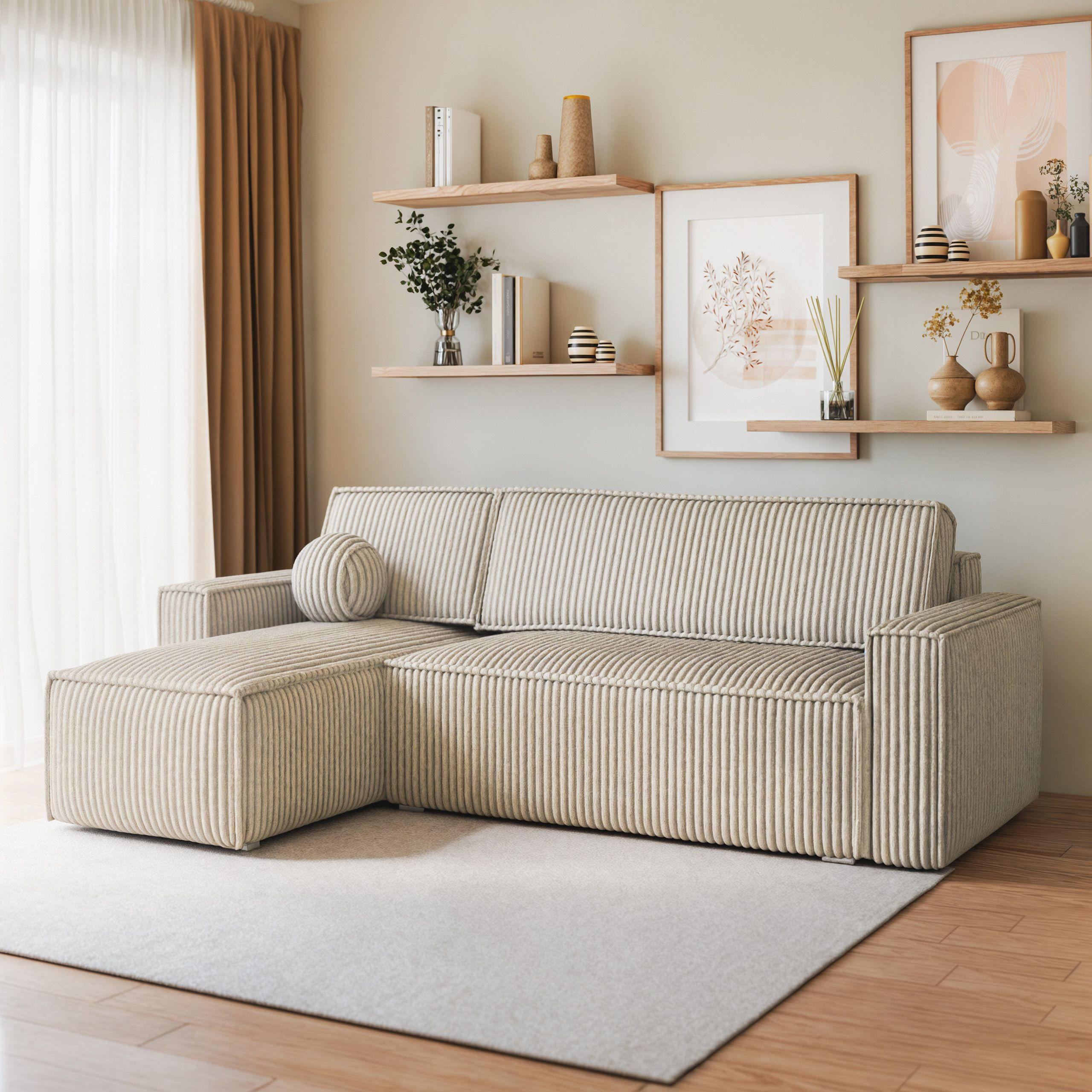 ECKSOFA RAVELO T Creme Kordstoff mit Schlaffunktion - Creme, Holz (240/140cm) - MASSENO