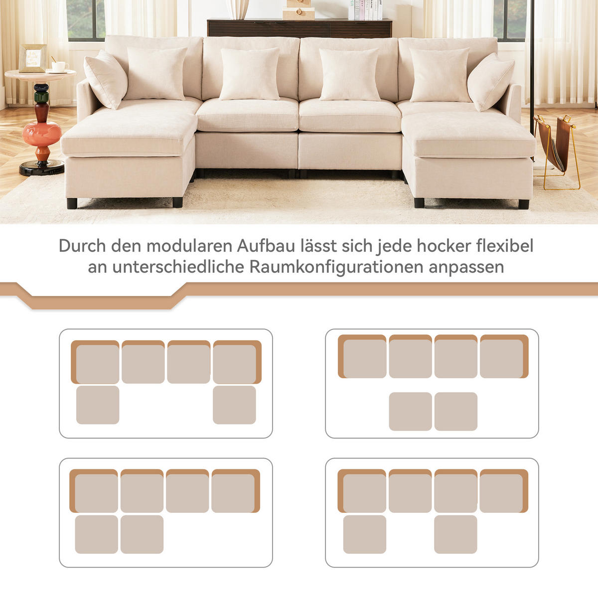 WOHNLANDSCHAFT 278/161/81 cm Beige mit 2 Fußhocker - Beige, Textil (278/81/161cm) - Oxeza