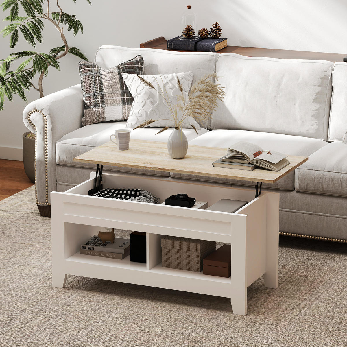 COUCHTISCH DE-15802 klappbare Platte Weiß - Weiß, Holzwerkstoff (105/50/62.5cm) - ComfortXL