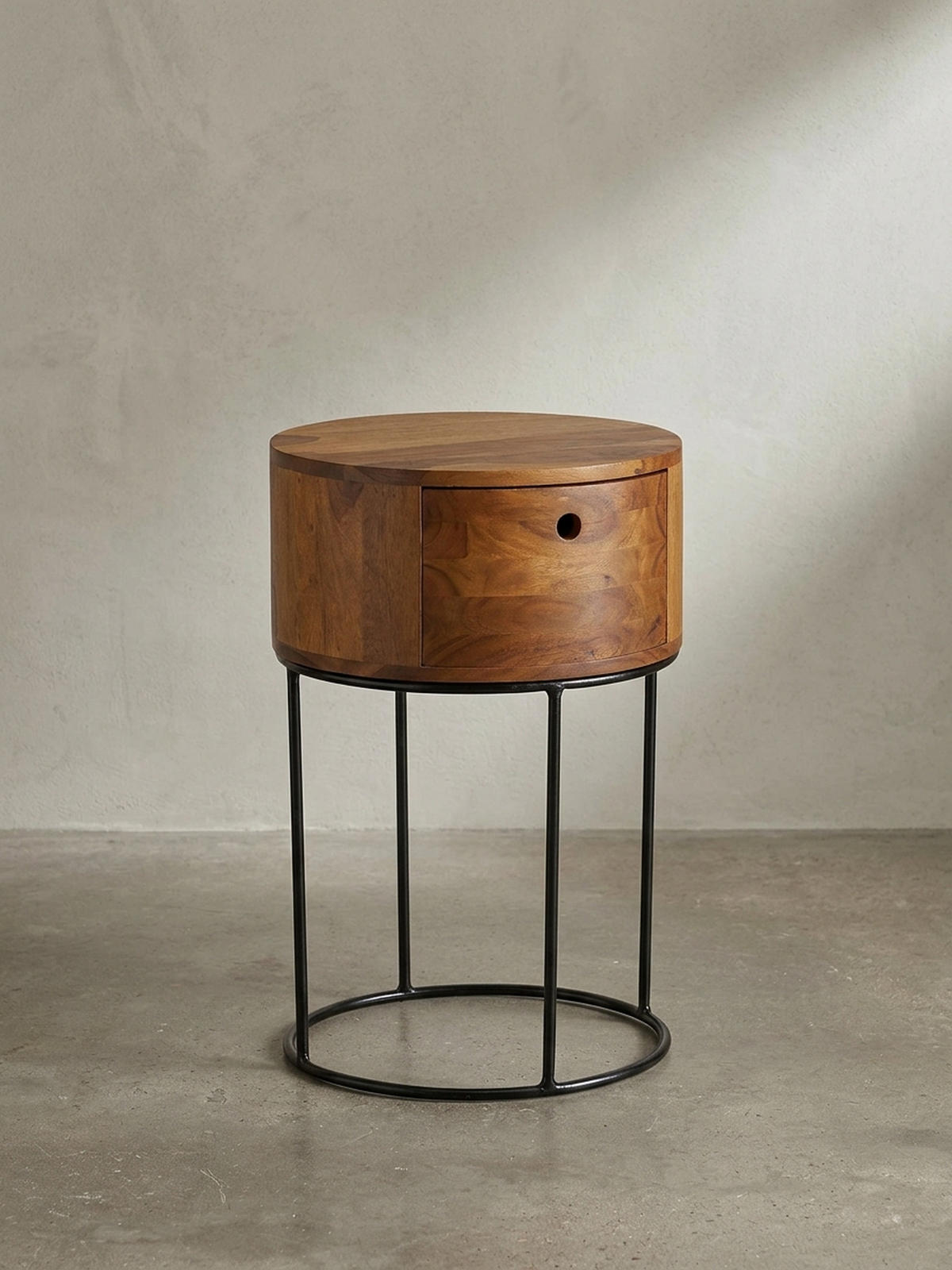 NACHTKONSOLE Massivholz mit Schublade rund Modern Braun - Schwarz/Braun, Holz/Metall (40/60/40cm) - KADIMA DESIGN