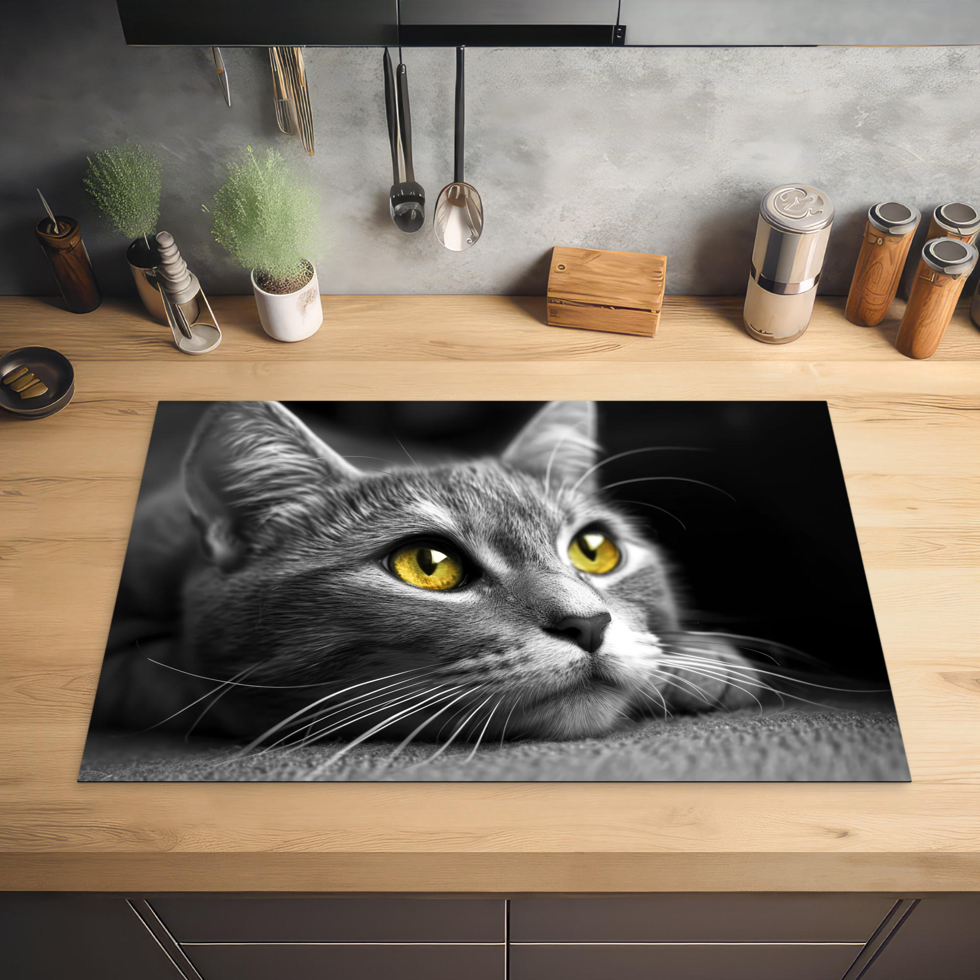 HERDABDECKPLATTE Katze - Grau - Tiere - Katze 80x52 cm - Grau, Kunststoff (80.2/0.2/52.2cm) - MuchoWow