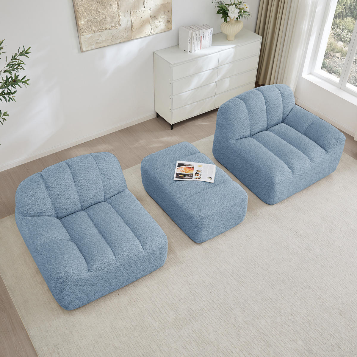 SOFA in Blau mit Ottoman aus Fleece - Blau, Textil (165/79/210cm) - Flora Grace
