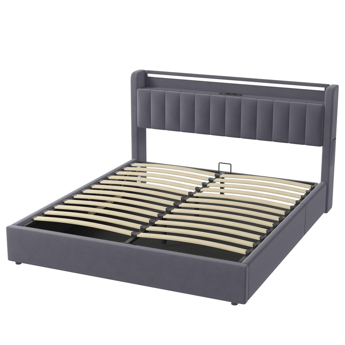 POLSTERBETT 180/200cm dunkelgrau aus Samt, Metall und Holz mit LED-Licht, USB-Anschluss und Stauraum - Grau, Holzwerkstoff (180/200cm) - OKWISH
