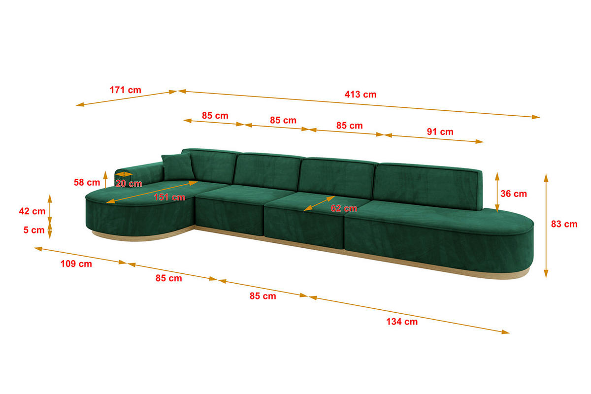 ECKSOFA Ottomane Links MARI-L3-v2 - 413x171x83 cm Grün Velours - Grün, Holzwerkstoff/Textil (413/171cm) - ALTDECOR