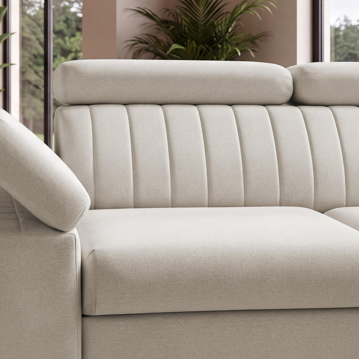 ECKSOFA FELIX L Rechts mit Schlaffunktion Velours Creme - Creme/Schwarz, Holz/Textil (176/257cm) - Muffo