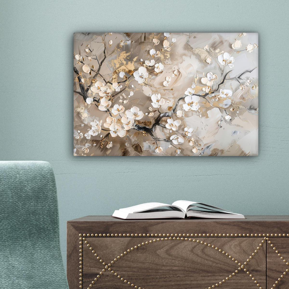LEINWANDBILD - Blumen - Weiß - Gold - Beige - Luxus - 30x20 - Deko XXL - Greige, Textil (30/20cm) - MuchoWow