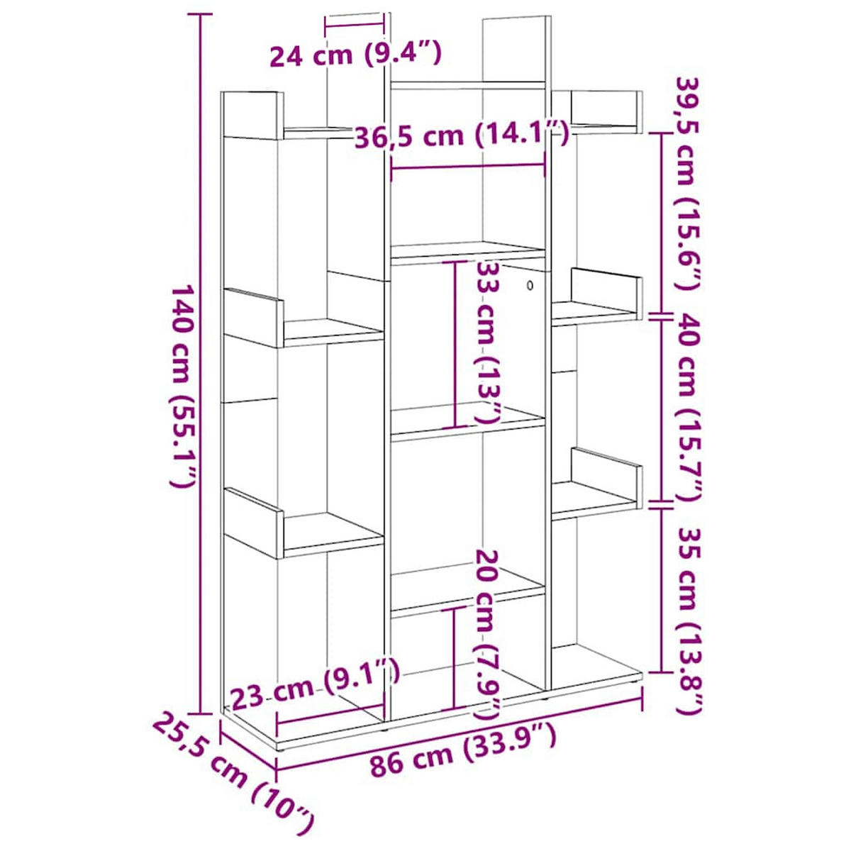 BÜCHERREGAL Baumform 86/25,5/140 cm aus Holzwerkstoff Weiß - Weiß, Holz (86/140/25.5cm) - vidaXL