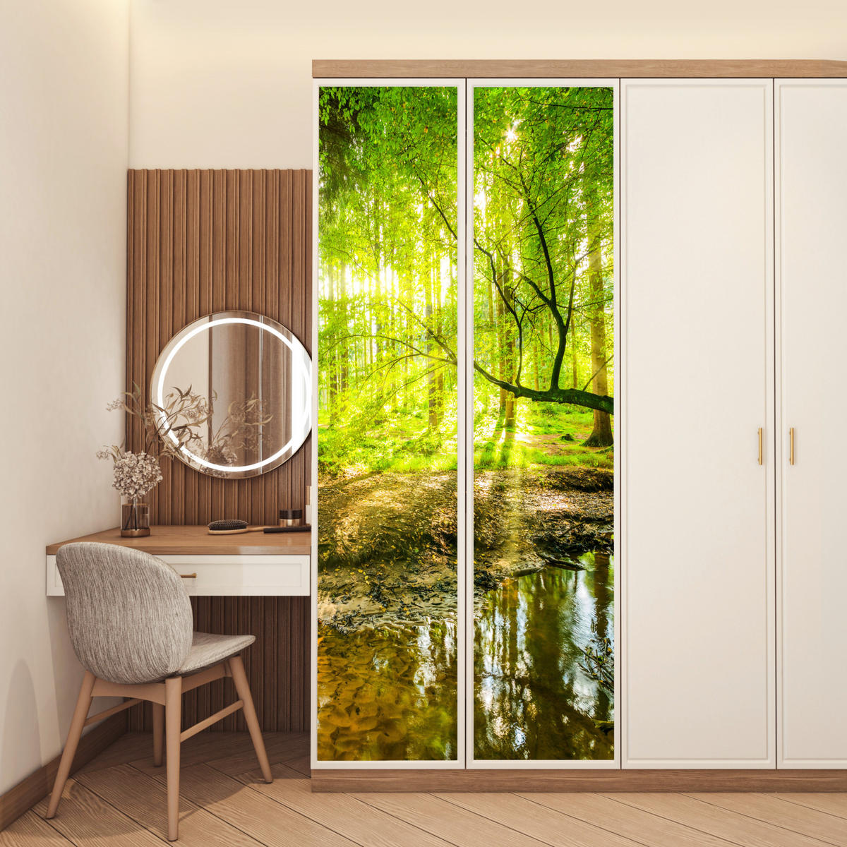 TÜRAUFKLEBER Wald - Landschaft - Wasser - Bäume - Sonne - Grün - Natur Deko Wohnzimmer 95x235 cm - Türtapete - Hellgrün, Kunststoff (95/0.1cm) - MuchoWow