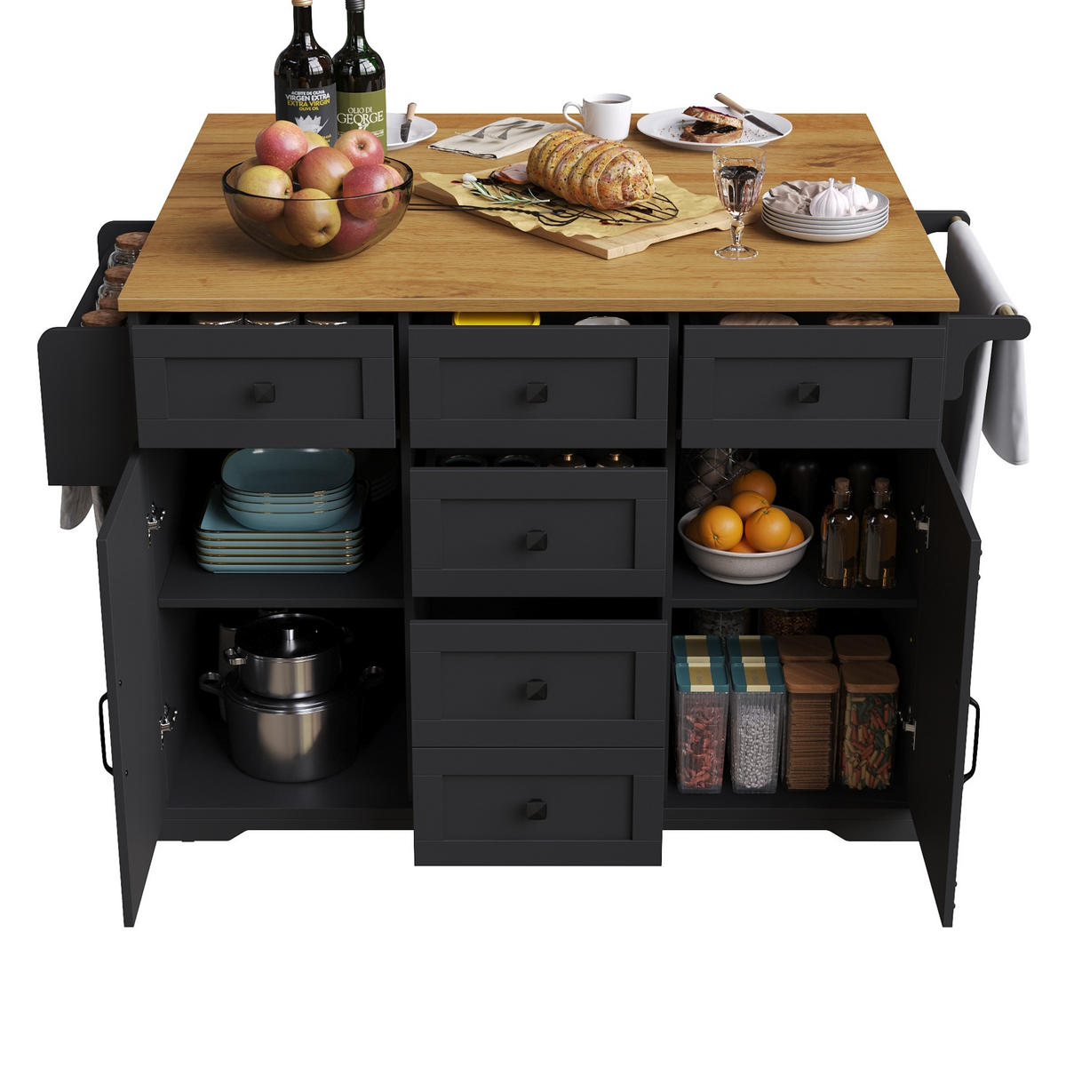 KÜCHENINSEL 147/44/93 cm in Schwarz, klappbar mit Stauraum und Tischfunktion - Schwarz, Holzwerkstoff (147/93/44cm) - Flora Grace