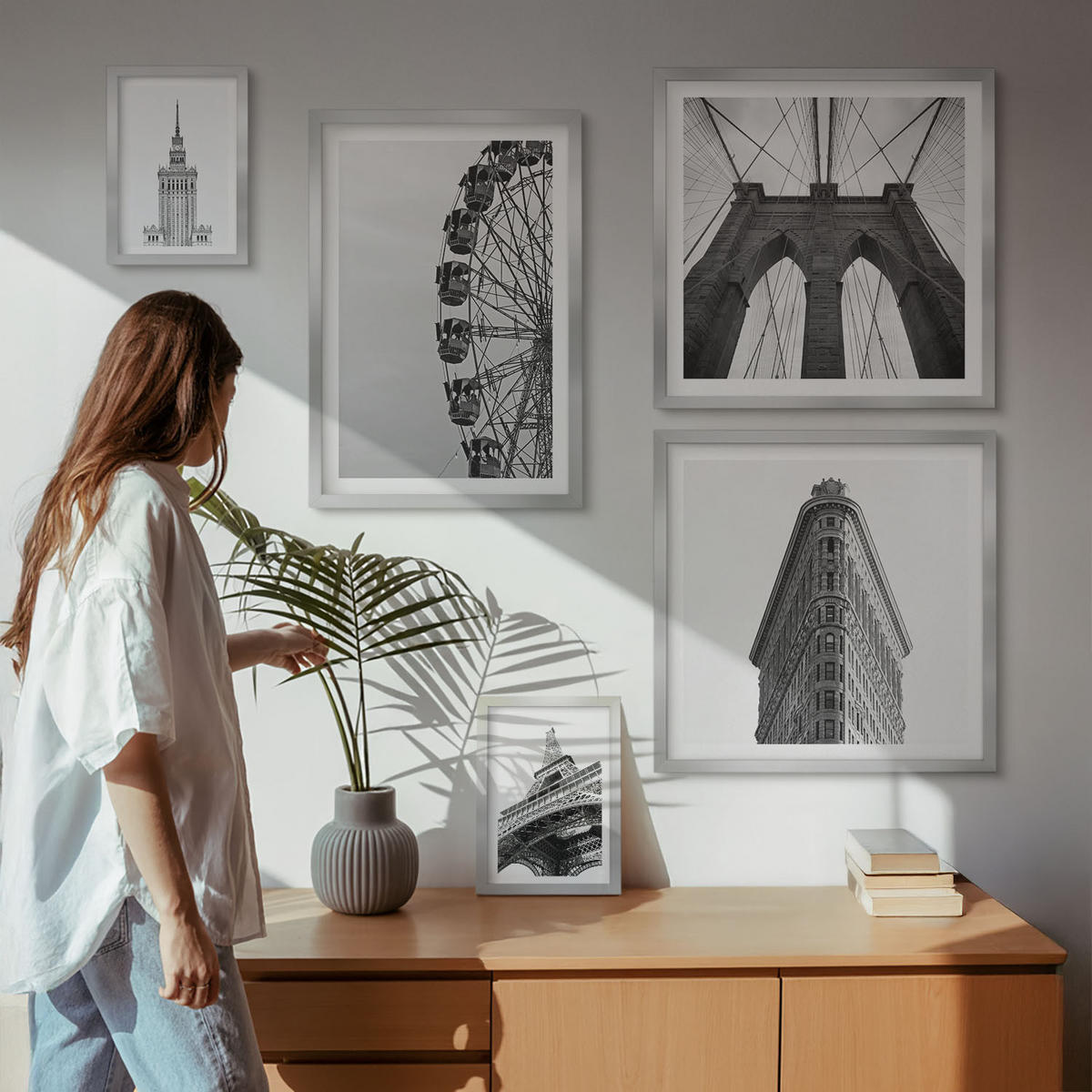 BILDER SET 5er Set - 50x50 cm & 20x30 cm & 40x60 cm Silberner Rahmen - Architektur Schwarz-Weiß-Minimalismus - Silberfarben, Kunststoff (40/60cm) - TULUP