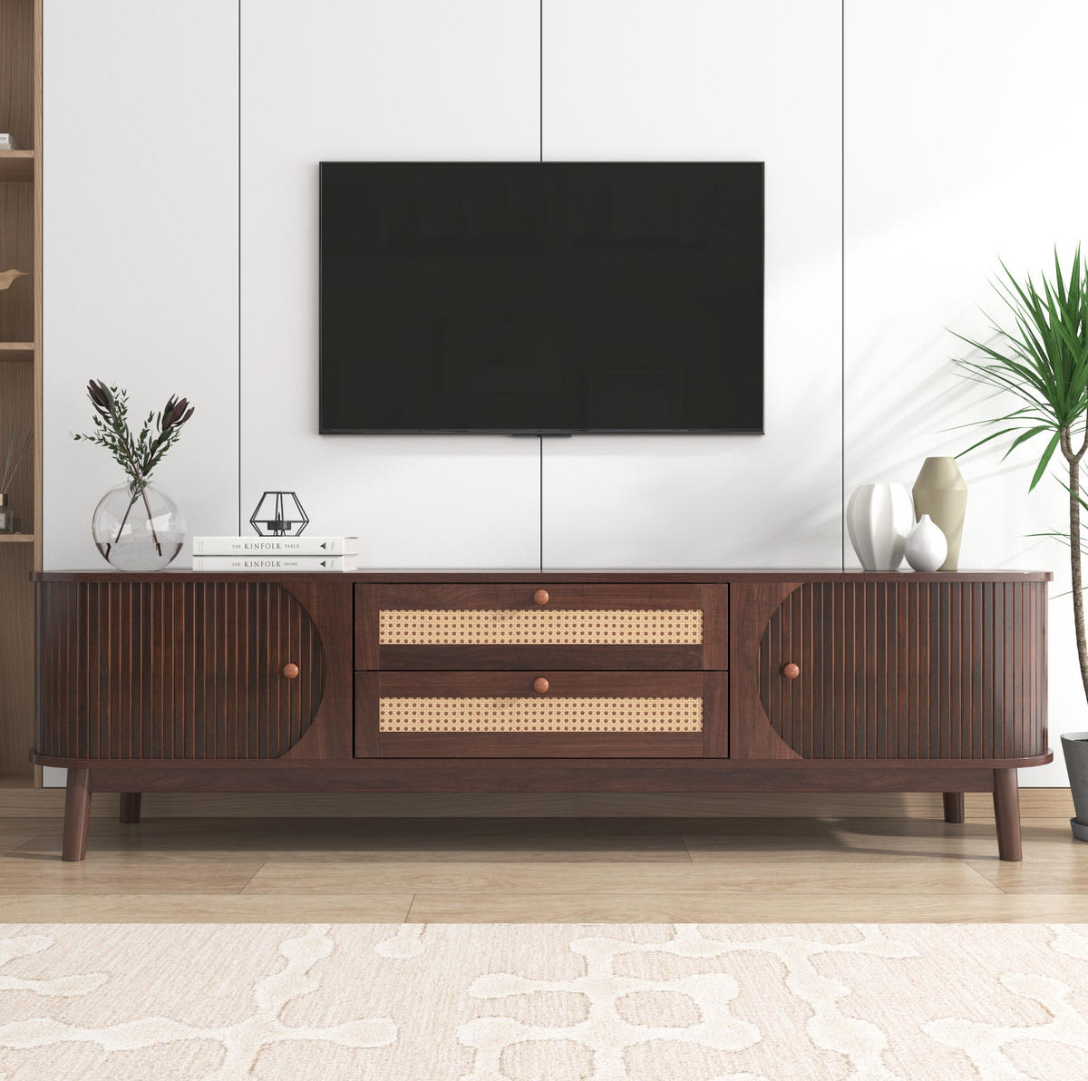 TV-LOWBOARD 170/39,5/46 cm in Naturfarben mit Rattanoptik und Türen - Naturfarben, Holzwerkstoff (170/46/39.5cm) - Flora Grace