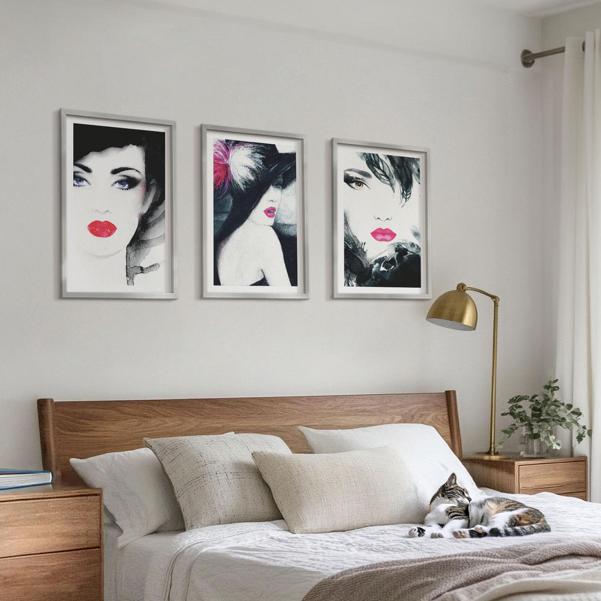 WANDBILDER 3er Set - 40x60 cm Silberner Rahmen - Porträts von Frauen mit Lippen - Silberfarben, Kunststoff (40/60cm) - ArtPrintCave