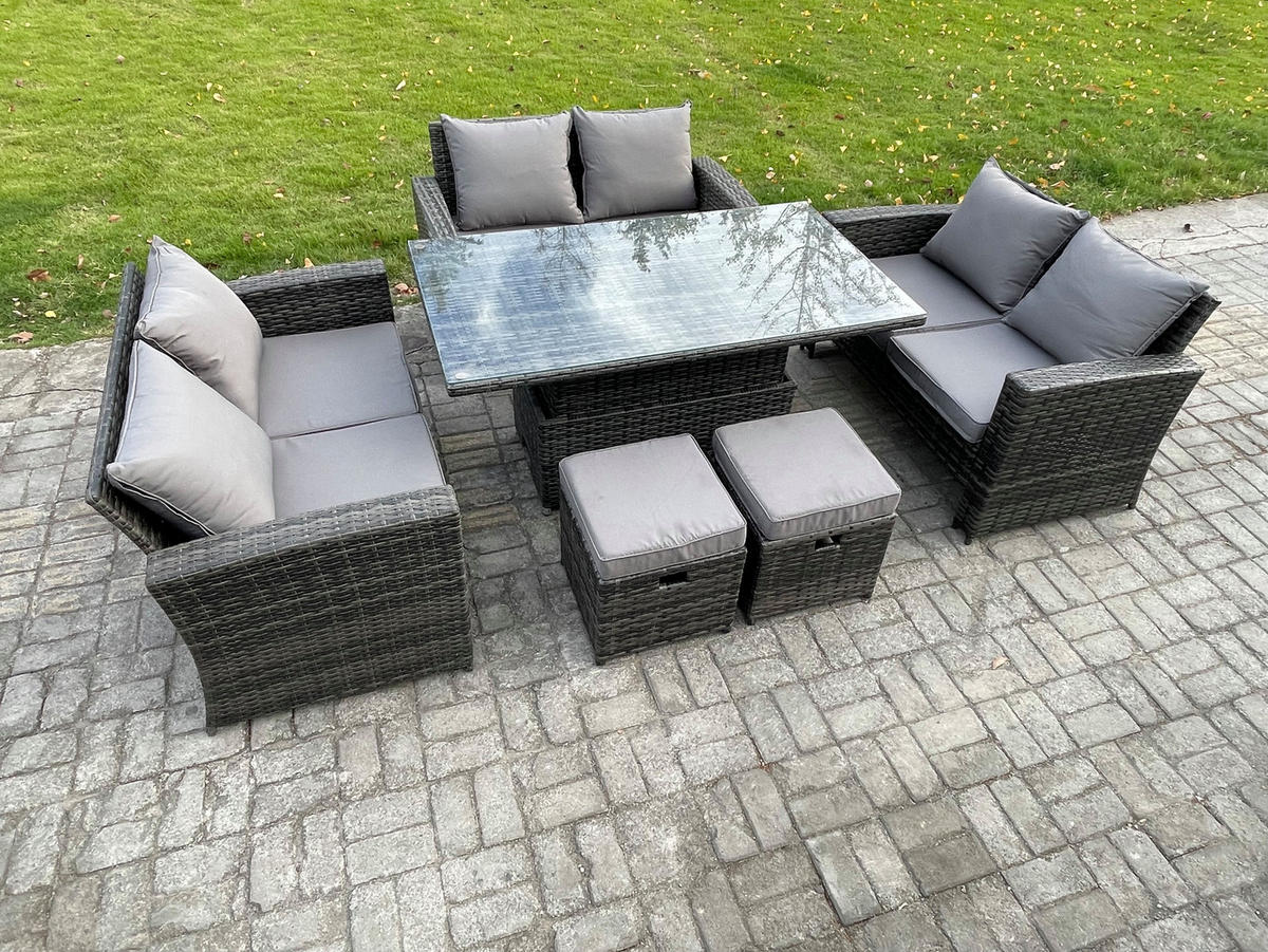 GARTENSET Polyrattan Dunkelgrau 8-Sitzer - Dunkelgrau, Metall - Fimous