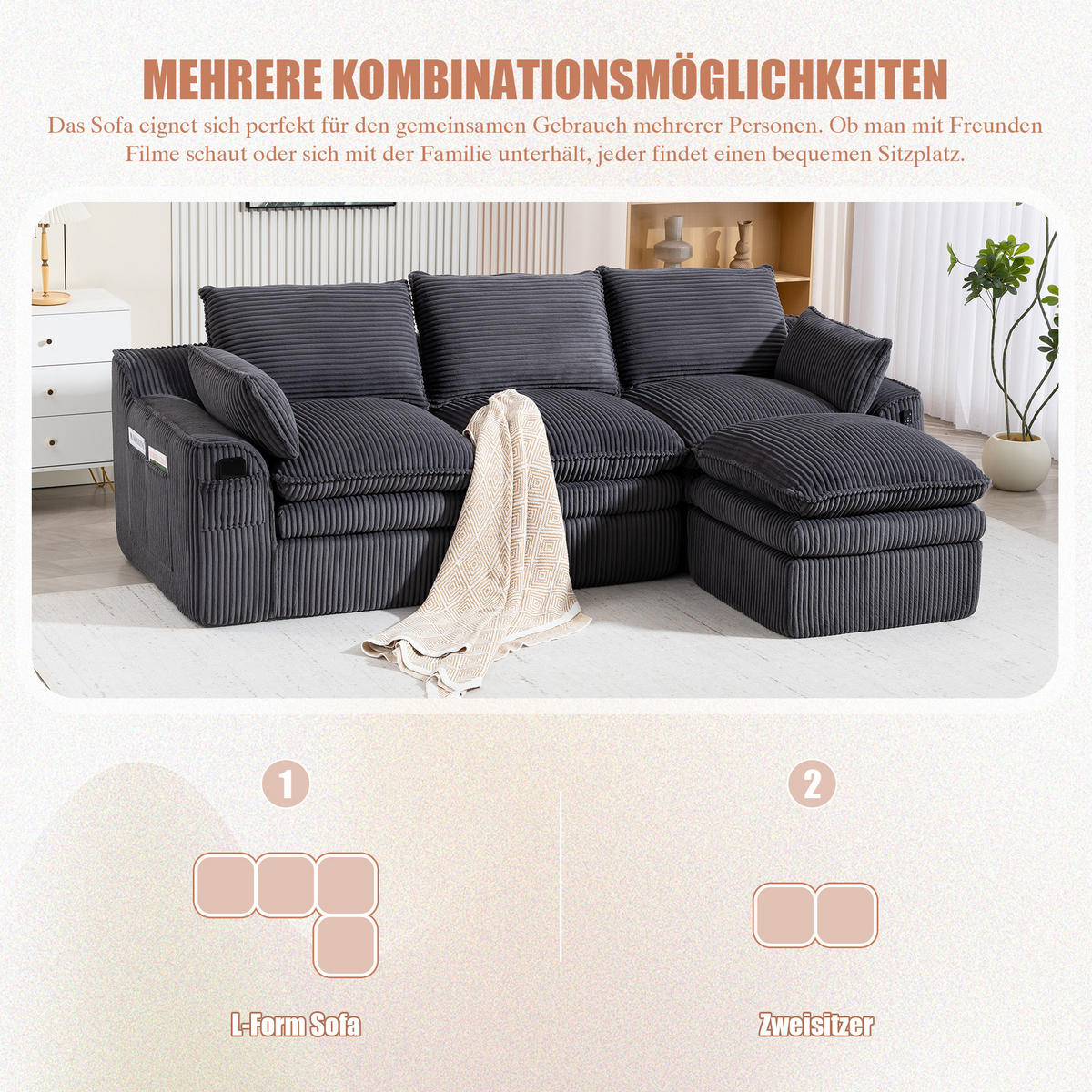 3-SITZER ECKSOFA Cord Dunkelgrau mit Kissen, Hocker und Seitentaschen - Dunkelgrau, Textil (263/167cm) - WISHDOR