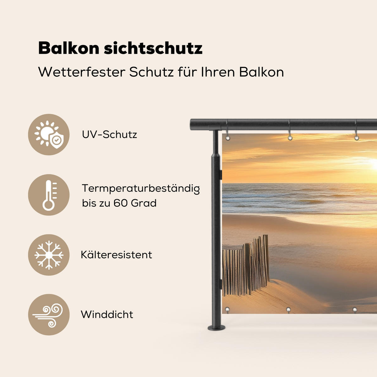 BALKON-SICHTSCHUTZ Strand - Dünen - Sonnenuntergang 200x110 cm - Sandfarben, Kunststoff (200/110cm) - MuchoWow