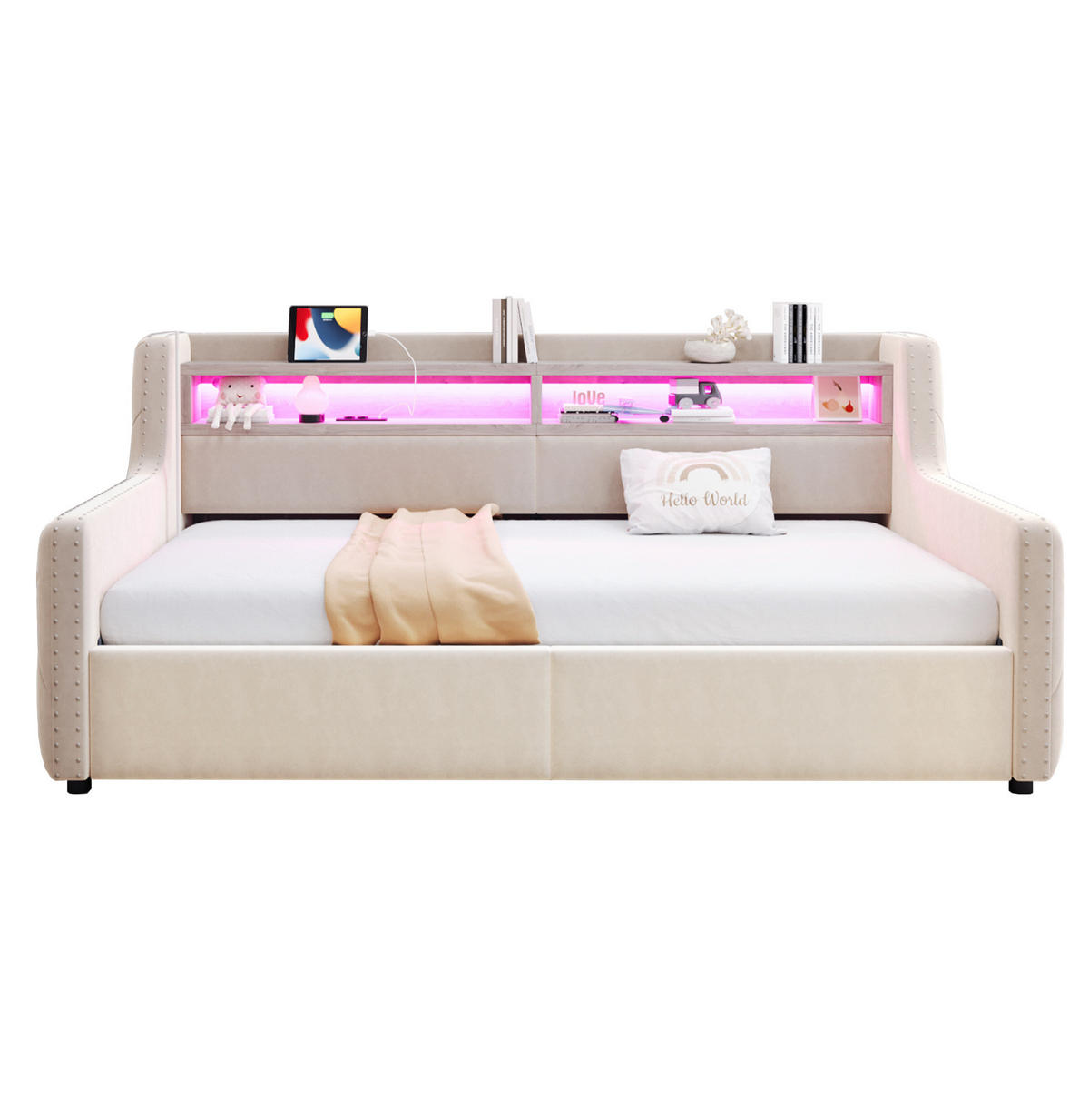 POLSTERBETT 90/200 cm aus Samt mit LED, Stauraum und Lattenrost Beige - Beige, Textil (90/200cm) - Modenvie