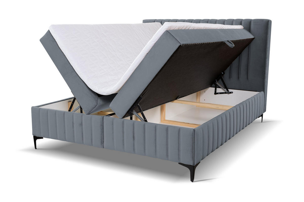 BOXBETT QUANT mit 2 Bettkästen, 180x200, Farbe: Grau, Velourstoff, mit Bonell-Matratze inkl. Topper - Grau, Holz/Kunststoff (180/200cm) - VENASI MÖBEL