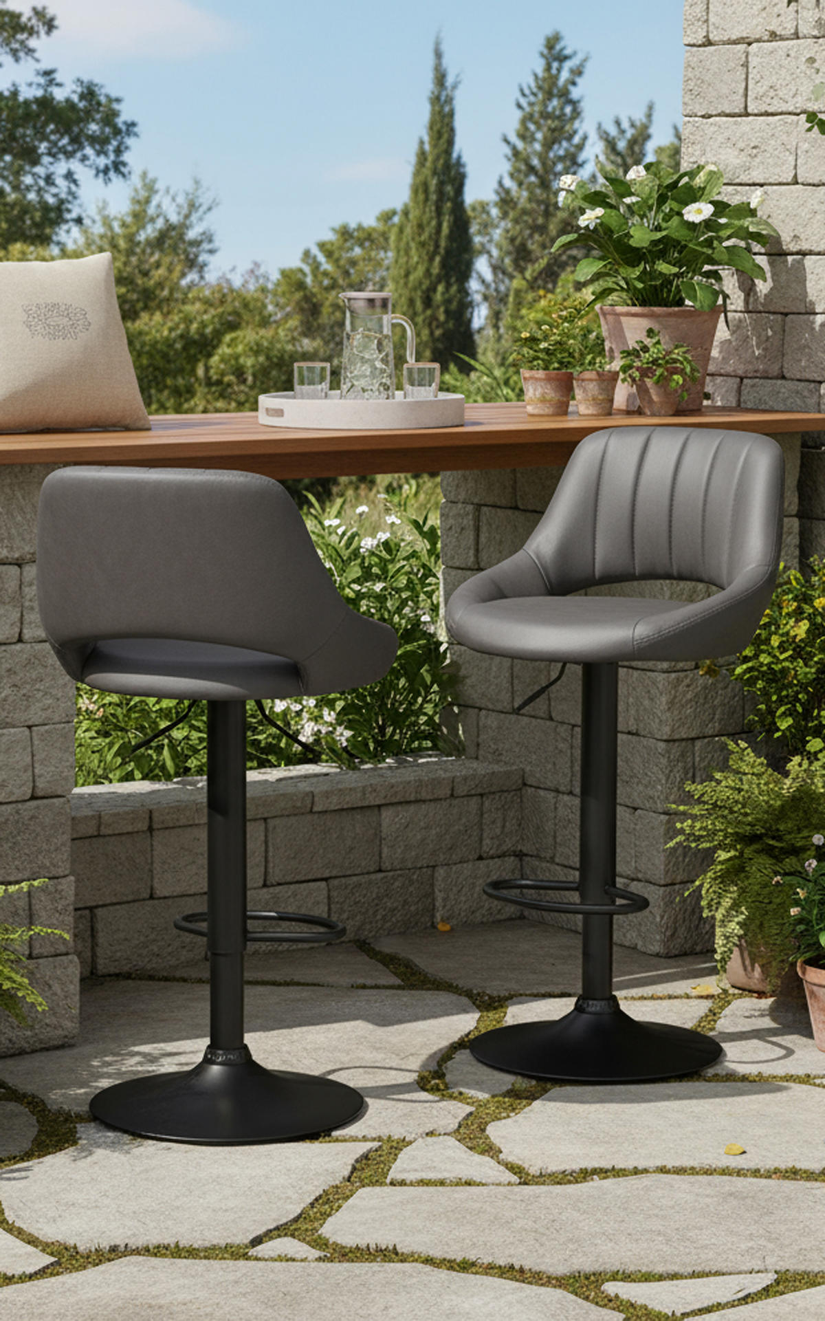 BARHOCKER 2er Set Milos Kunstleder B grau - Schwarz/Grau, Kunststoff/Metall (47/106/48cm) - TPFLiving
