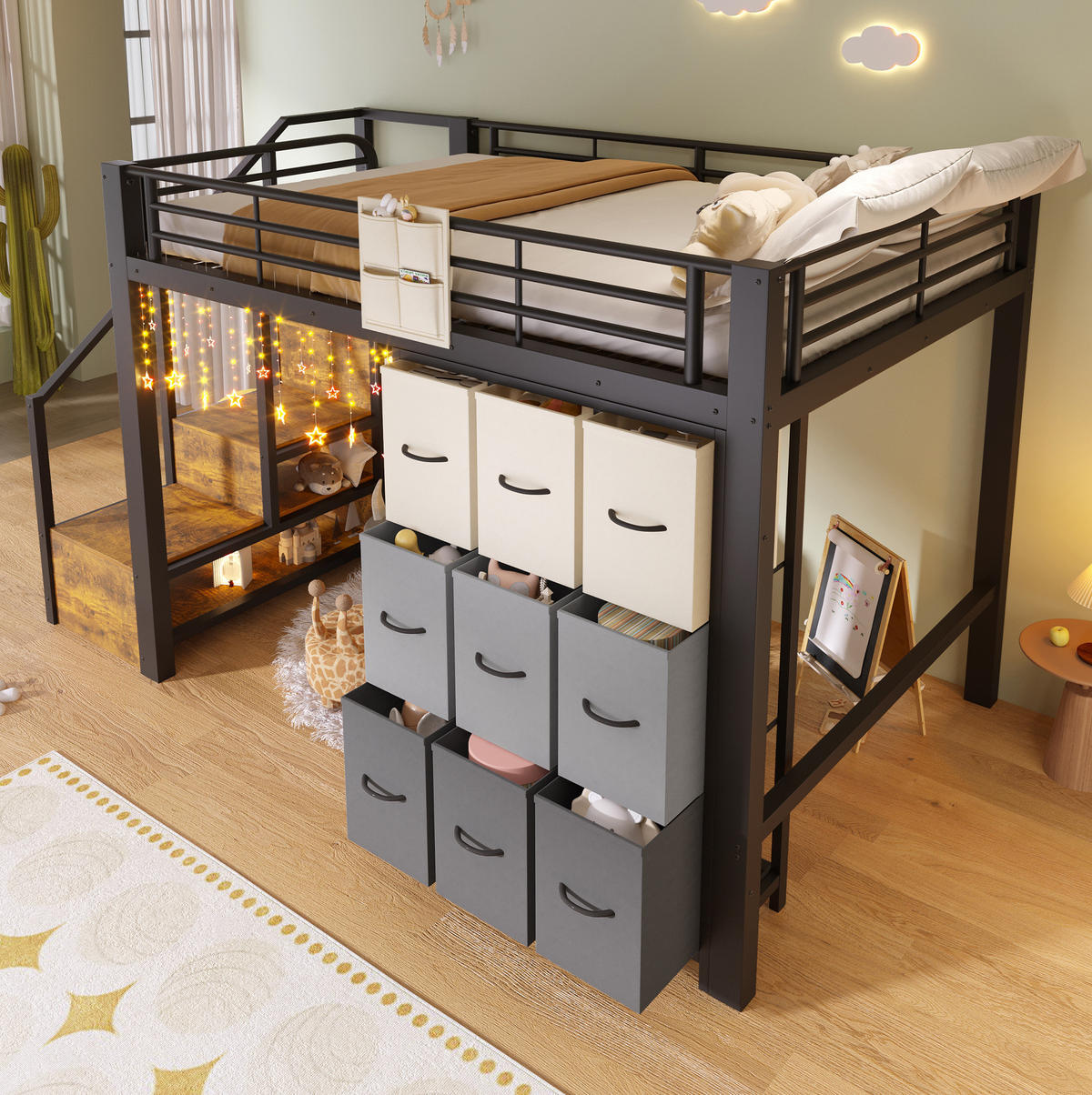 HOCHBETT 140/200 cm Schwarz/Weiß aus Metall und MDF mit Stauraum - Schwarz, Holzwerkstoff (140/200cm) - OKMYHOME