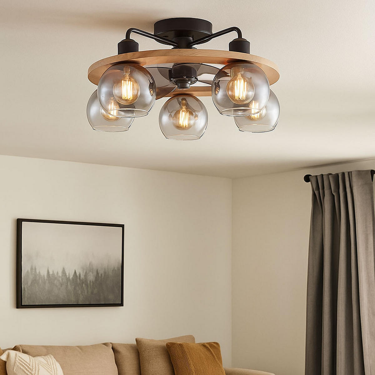 DECKENLEUCHTE NARINA Rauchglas Grau - Grau, Holz (55/55/21.5cm) - Globo Lighting
