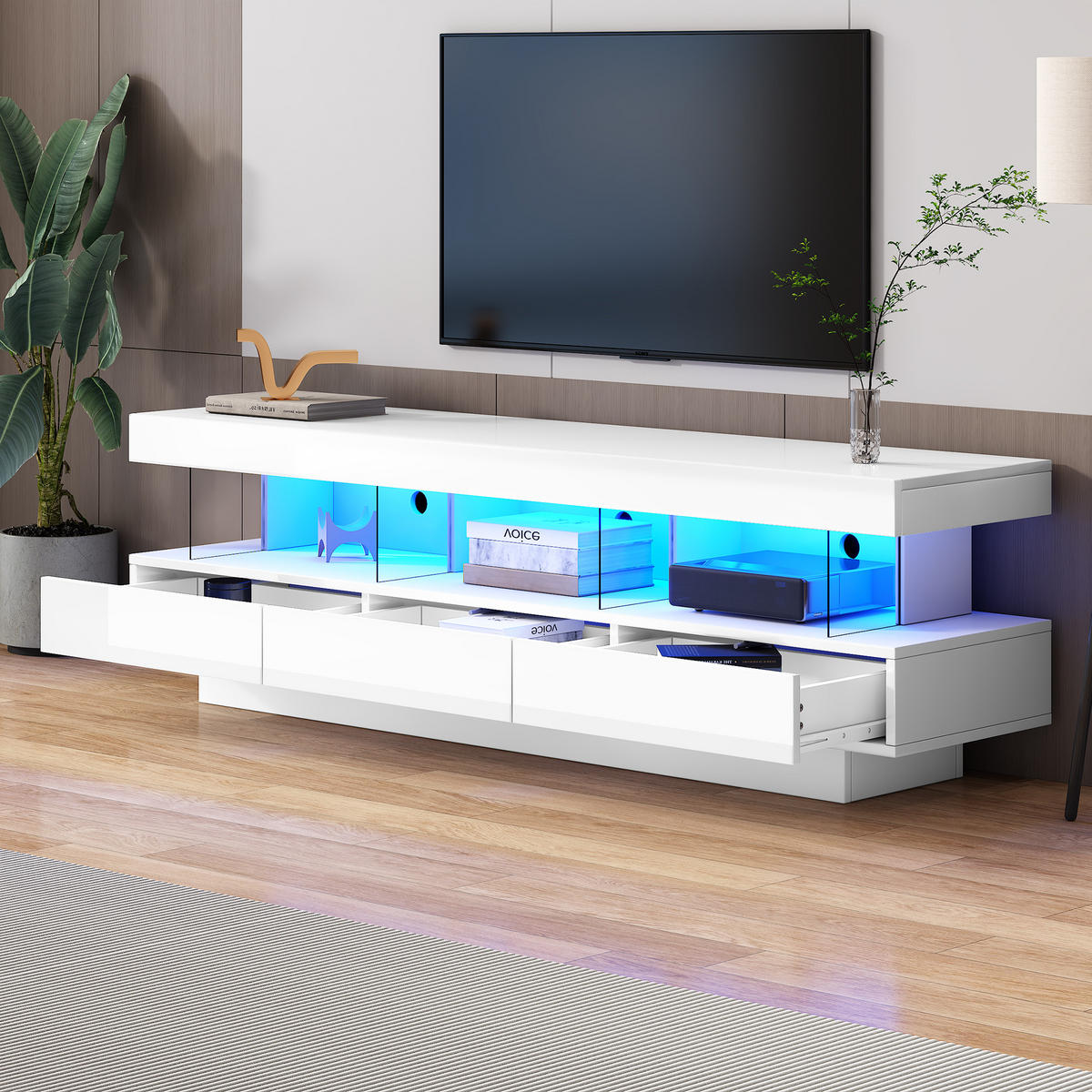 TV-SCHRANK weiß mit Hochglanzoberfläche, App-gesteuerter LED-Beleuchtung und Glasfächern 160 × 38 × 50,5 cm - Weiß, Holzwerkstoff (160/50.5/38cm) - Luhomfu