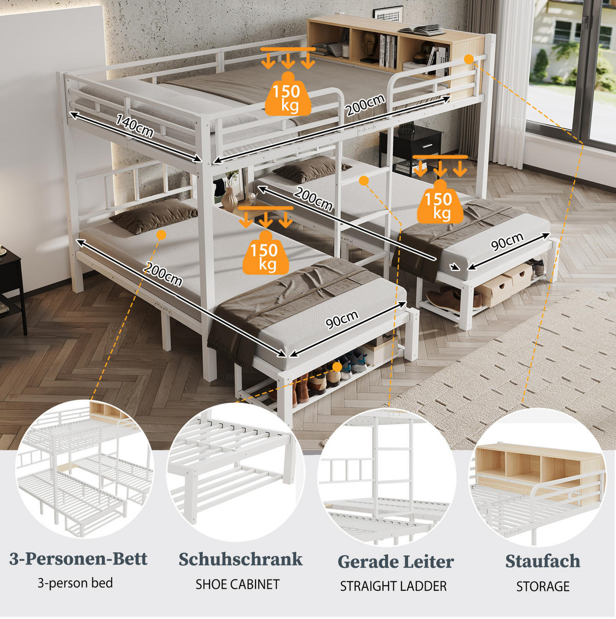 ETAGENBETT aus Metall und Holz 140x200/90x200 cm Weiß/Natur mit offenem Regal und Schuhablage - Weiß, Metall (140/200cm) - Modfu