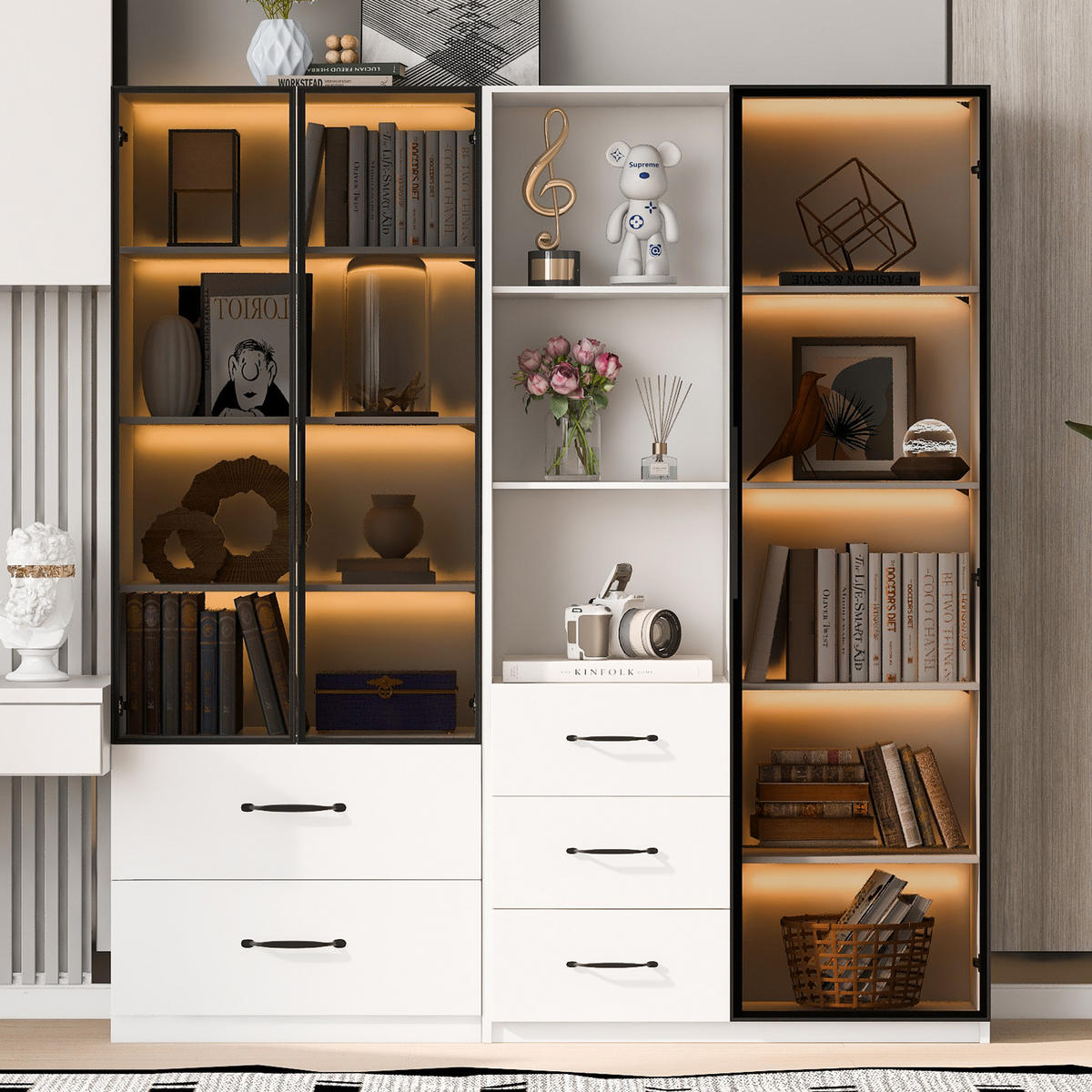 VITRINE 140cm Glas LED Bücherregal multifunktional modern - Weiß, Holzwerkstoff (140/160/40cm) - FLIEKS