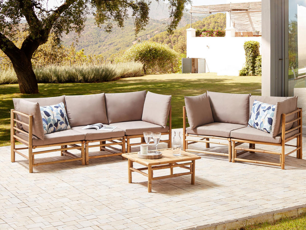 LOUNGE SET 5-Sitzer Bambusholz hellbraun 3-teilig Auflagen taupe Cerreto - Taupe, Holz - Beliani