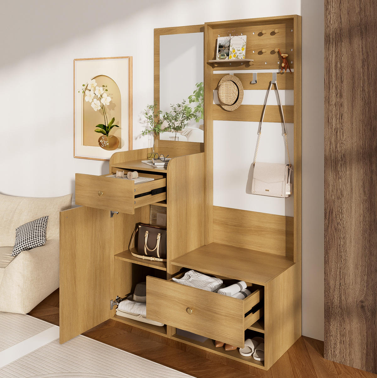 OMARA za oblačila 105/38/180 cm z ogledalom, 2 predaloma, zaprtim prostorom in odprto polico, Wood - naravne barve, leseni material (38/180/105cm) - Redom