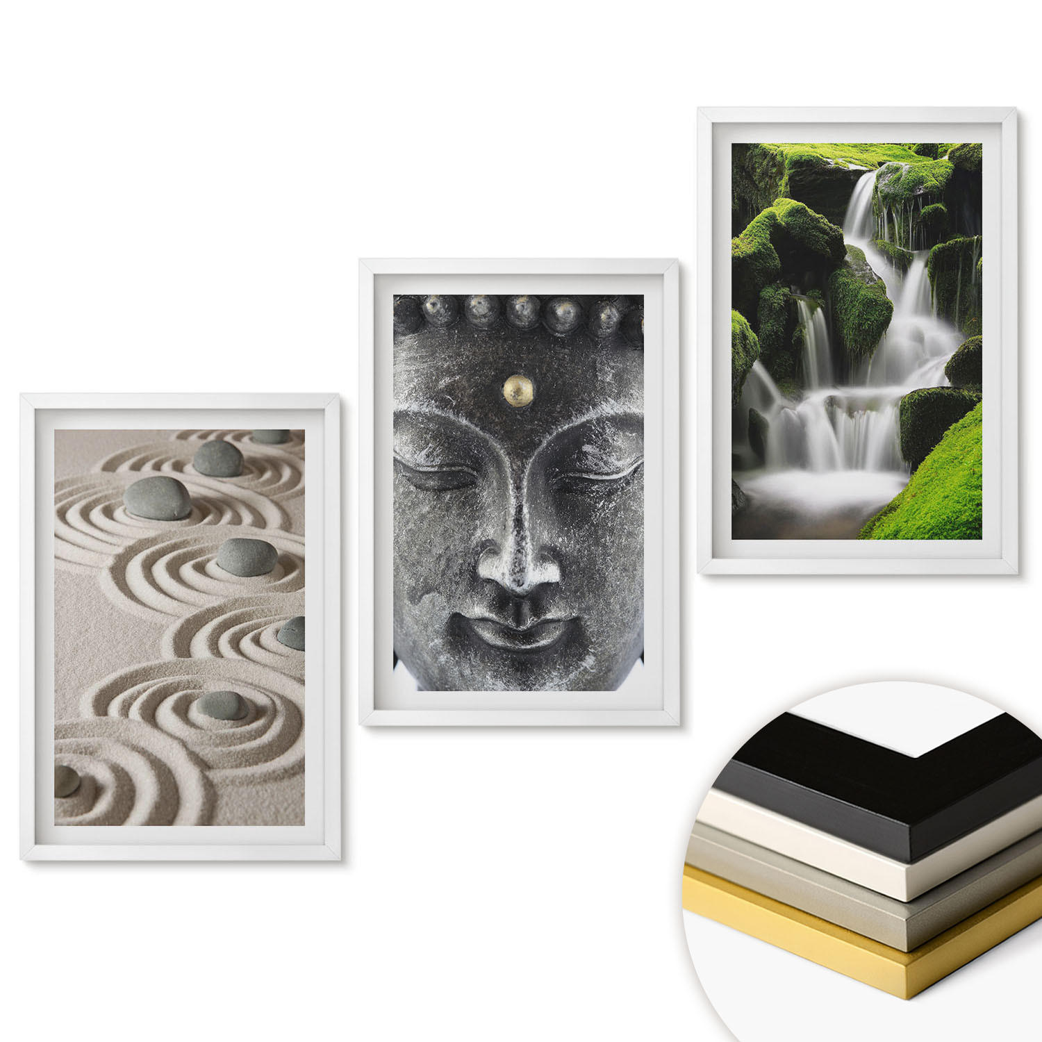 WANDBILDER 3er-Set - 40x60 cm Weißer Rahmen - Der Frieden der Steine des Buda Zen-Wasserfalls - Weiß, Kunststoff (40/60cm) - ArtPrintCave