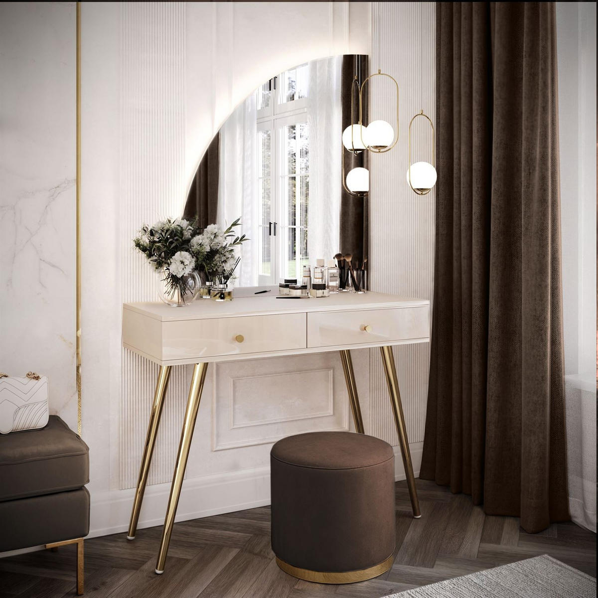 SCHMINKTISCH SIENNA-QS KASCHMIR mit LED-Spiegel Goldgriff - Ecru, Holzwerkstoff (100/81/42cm) - Lookway